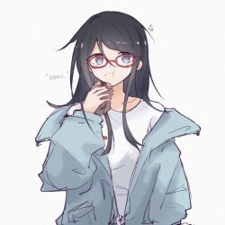 Rule 34 | 1girl, black eyes, black hair, closed mouth, commentary, eating, english commentary, food, food on face, glasses, grey background, hand up, highres, holding, holding food, hoshino ichika (project sekai), jacket, long hair, norako official, notice lines, open clothes, open jacket, project sekai, red-framed eyewear, shirt, simple background, solo, upper body, very long hair, white shirt
