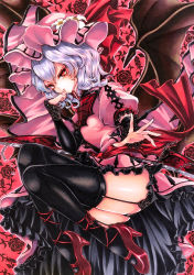 Rule 34 | 1girl, adapted costume, ass, bat wings, black panties, black thighhighs, chain, commentary request, dress, floating, floral background, flower, flower request, full body, garter straps, hair between eyes, hand on own chin, hand up, hat, hat flower, high heels, highres, looking at viewer, marker (medium), medium hair, mktr (princess mktr), mob cap, panties, parted lips, pink dress, pink hat, puffy short sleeves, puffy sleeves, reaching, reaching towards viewer, red background, remilia scarlet, short sleeves, silver hair, slit pupils, solo, thighhighs, touhou, traditional media, tsurime, underwear, white flower, wings