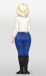 Rule 34 | 1girl, black footwear, blonde hair, blue pants, boots, breasts, colorado (kancolle), from behind, full body, grey background, highres, kantai collection, kusaka souji, large breasts, long sleeves, pants, pocket, shirt, short hair, simple background, solo, standing, white shirt