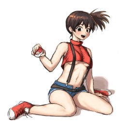 Rule 34 | 1girl, alternative color, alternative eye color, alternative hair color, arinsu (kodamamaimai), armpits, asymmetrical hair, bare arms, bare shoulders, black eyes, black hair, blush, breasts, cowboy shot, creatures (company), denim, denim shorts, game freak, gen 1 pokemon, holding, holding poke ball, looking at viewer, midriff, misty (pokemon), navel, nintendo, no bra, no panties, open clothes, open mouth, open shorts, poke ball, poke ball (generic), pokemon, pokemon: the electric tale of pikachu, ponytail, red shirt, shiny skin, shirt, short hair, short ponytail, shorts, side ponytail, simple background, sleeveless, sleeveless shirt, solo, standing, suspender shorts, suspenders, turtleneck, unbuttoned, underboob, unzipped