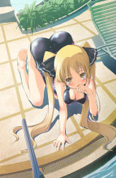 Rule 34 | 1girl, all fours, aral, ass, barefoot, blonde hair, blush, breasts, chair, cleavage, day, dream c club, dream c club (series), face, feet, from above, highres, large breasts, long hair, lounge chair, mian (dream c club), one-piece swimsuit, outdoors, pool, pool ladder, poolside, solo, swimsuit, twintails, wet, yellow eyes