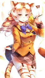 Rule 34 | 10s, 1girl, absurdres, animal ears, animal print, blonde hair, blue bow, blue bowtie, bow, bowtie, brown hair, commentary, cowboy shot, drill hair, extra ears, eyes visible through hair, flower, garter straps, golden tabby tiger (kemono friends), highres, japari symbol, kanzakietc, kemono friends, light smile, looking at viewer, multicolored hair, print thighhighs, skirt, solo, striped tail, tail, thighhighs, tiger ears, tiger print, tiger tail, two-tone hair, yellow eyes