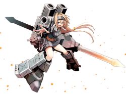 Rule 34 | artist request, belt, blonde hair, breasts, cannon, cosmic break, cross, dress, green eyes, grey dress, hairband, hanna fritz, iron cross, lance, leg armor, long hair, mecha musume, medium breasts, military uniform, official art, open mouth, outstretched arm, polearm, second-party source, uniform, weapon