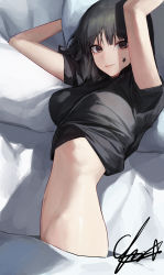 Rule 34 | 1girl, absurdres, armpits, arms up, black hair, black shirt, blanket, breasts, brown eyes, closed mouth, facial mark, highres, lying, mac star, medium breasts, navel, on bed, on side, original, pillow, shirt, short hair, short sleeves, signature, smile, solo, star (symbol), upper body