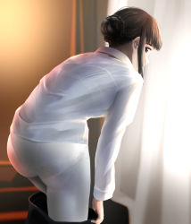 Rule 34 | 1girl, ass, black hair, black pantyhose, blouse, blunt bangs, bra visible through clothes, braid, braided bun, brown eyes, brown hair, collared shirt, commentary request, dressing, from behind, hair bun, highres, indoors, kantai collection, long sleeves, looking at viewer, looking back, myoukou (kancolle), panties, panties under pantyhose, pantyhose, see-through, shirt, sidelocks, simple background, single hair bun, solo, tama (tamago), underwear, undressing, white pantyhose, white shirt