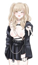 Rule 34 | 1girl, :d, belt, black jacket, black nails, black skirt, breasts, chain, commentary request, cowboy shot, grey choker, highres, jacket, jewelry, large breasts, light brown hair, long hair, long sleeves, looking at viewer, nail polish, nijisanji, nipples, o-ring, o-ring thigh strap, off shoulder, open mouth, ring, simple background, sister claire, sister claire (9th costume), skirt, smile, solo, thigh strap, twintails, v, virtual youtuber, white background, yellow eyes, yorokoro md