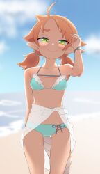 Rule 34 | 1girl, absurdres, arm up, bare arms, bare shoulders, beach, bikini, blue bikini, blue sky, blurry, blurry background, blush, breasts, closed mouth, cloud, collarbone, commentary request, day, depth of field, frilled bikini, frills, gluteal fold, green eyes, highres, horizon, linea-chan (owasaki), looking at viewer, low twintails, medium breasts, navel, ocean, orange hair, original, outdoors, owasaki, sand, sarong, see-through, short eyebrows, short twintails, sky, smile, solo, standing, swimsuit, thick eyebrows, twintails, water