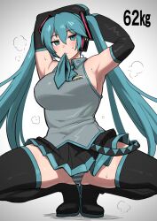 Rule 34 | 1girl, absurdres, aqua eyes, aqua hair, aqua necktie, armpits, arms up, black footwear, black skirt, black sleeves, blush, boots, breasts, collared shirt, commentary, detached sleeves, full body, gluteal fold, gradient background, grey background, grey shirt, hair between eyes, hatsune miku, headset, highres, keiichi r18, large breasts, long hair, looking at viewer, miniskirt, mouth hold, necktie, necktie in mouth, panties, pantyshot, parted lips, pleated skirt, shirt, simple background, skirt, sleeveless, sleeveless shirt, solo, spread legs, squatting, steaming body, striped clothes, striped panties, sweat, thigh boots, thighhighs, tiptoes, twintails, underwear, vocaloid, wing collar, zettai ryouiki