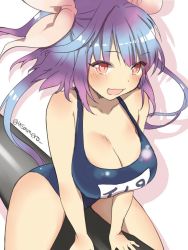 Rule 34 | 10s, 1girl, bare shoulders, blue hair, blush, breasts, cleavage, hair ribbon, i-19 (kancolle), kantai collection, large breasts, long hair, looking at viewer, mero (usamero), one-piece swimsuit, open mouth, purple eyes, ribbon, school swimsuit, smile, solo, swimsuit, torpedo, twintails