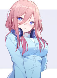 Rule 34 | 1girl, :t, blue cardigan, blue eyes, blush, breasts, buttons, cardigan, closed mouth, collared shirt, commentary request, go-toubun no hanayome, hair between eyes, hand up, head tilt, headphones, headphones around neck, large breasts, long hair, long sleeves, looking at viewer, nakano miku, pink hair, pout, quan (kurisu tina), shirt, sidelocks, sketch, solo, upper body, valentine