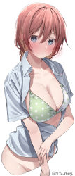 Rule 34 | 1girl, absurdres, bikini, bikini top only, blue eyes, blush, bottomless, braid, breasts, cleavage, collarbone, collared shirt, commentary, dress shirt, emma verde, freckles, green bikini, groin, hair between eyes, highres, kawai ritsu (rits meg), large breasts, looking at viewer, love live!, love live! nijigasaki high school idol club, open clothes, open shirt, out-of-frame censoring, partially unbuttoned, polka dot, polka dot bikini, red hair, shirt, short sleeves, simple background, solo, swimsuit, twitter username, two-tone bikini, two-tone swimsuit, white background, white bikini, wing collar