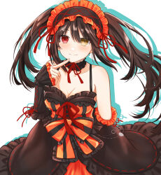 Rule 34 | 1girl, arm behind back, arm warmers, bare shoulders, black dress, black hair, blush, breasts, choker, cleavage, clock eyes, closed mouth, collarbone, date a live, dress, finger to own chin, floating hair, frilled choker, frilled dress, frilled hairband, frills, gothic lolita, hair between eyes, hairband, heterochromia, highres, lolita fashion, lolita hairband, long hair, looking at viewer, medium breasts, multicolored clothes, multicolored dress, neck garter, orange dress, red eyes, red ribbon, ribbon, satsuki nanoka (user zfcv4284), sleeves past wrists, smile, solo, symbol-shaped pupils, tokisaki kurumi, twintails, uneven twintails, upper body, very long hair, white background, wide sleeves, yellow eyes
