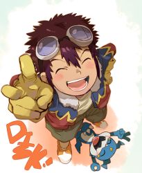 Rule 34 | 00s, 1boy, blue background, blush, brown hair, character name, closed eyes, digimon, digimon (creature), digimon adventure 02, fangs, from above, gloves, goggles, goggles on head, hand on own hip, jacket, male focus, motomiya daisuke, open clothes, open jacket, shoes, short hair, shorts, simple background, smile, sneakers, spiked hair, t k g, tan, v, v-mon, yellow gloves