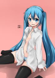 Rule 34 | 1girl, absurdres, blue eyes, blue hair, hard-translated, hatsune miku, highres, kazenoko, long hair, looking at viewer, matching hair/eyes, navel, no pants, open clothes, open shirt, panties, shirt, simple background, sitting, solo, striped clothes, striped panties, text focus, thighhighs, third-party edit, translated, twintails, underwear, very long hair, vocaloid, wariza