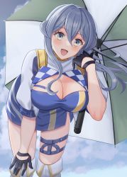 Rule 34 | 1girl, alternate costume, bandeau, black gloves, blue bandeau, blue eyes, blue hair, blue skirt, blue sky, boots, breasts, checkered clothes, cleavage, cloud, cloudy sky, cowboy shot, crop top, day, gloves, gotland (kancolle), hair between eyes, half gloves, highres, kantai collection, long hair, looking at viewer, medium breasts, mole, mole under eye, natsume (natsume melio), open mouth, outdoors, parasol, race queen, short sleeves, skirt, sky, smile, solo, thigh boots, thighhighs, twitter username, umbrella, white thighhighs
