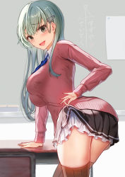 Rule 34 | 1girl, absurdres, aqua eyes, aqua hair, ass, back, black skirt, breasts, brown thighhighs, cardigan, chalkboard, collared shirt, desk, hair between eyes, hair ornament, hairclip, highres, indoors, kantai collection, long hair, long sleeves, looking at viewer, looking back, medium breasts, official alternate costume, open mouth, pink cardigan, school desk, school uniform, shirt, skirt, skirt hold, suzuya (kancolle), taki rentaro, thighhighs, white shirt