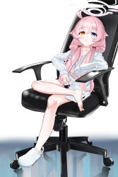 Rule 34 | 1girl, absurdres, ahoge, blue archive, blush, chair, collarbone, crocs, full body, hair between eyes, halo, haoma, highres, hoshino (blue archive), long hair, long sleeves, open mouth, pink hair, pink halo, shirt, sitting, solo, white footwear, white shirt, yellow eyes
