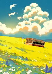 Rule 34 | 1girl, artist name, blue sky, bus, cloud, commentary, day, english commentary, field, from side, highres, hill, jauni (tofublock), landscape, meadow, motor vehicle, mountainous horizon, original, outdoors, road sign, scenery, sign, signature, simple bird, sky, very wide shot