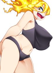 Rule 34 | 1girl, armpits, arms behind back, ass, ass grab, black bra, black panties, boku no hero academia, bra, breasts, brown eyes, burnin (boku no hero academia), collarbone, covered erect nipples, crazy eyes, eyebrows, fangs, female focus, fiery hair, fingernails, fire, grabbing own ass, groin, hair between eyes, highres, kamiji moe, large breasts, legs, long hair, looking at viewer, looking to the side, mask, matching underwear, midriff, navel, neck, open mouth, panties, pocopocomeron, ponytail, sidelocks, simple background, sports bra, standing, thick thighs, thighs, underboob, underwear, underwear only, unworn clothes, unworn mask, white background, wide ponytail