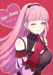 Rule 34 | 1girl, 2023, bare shoulders, blunt bangs, breasts, cleavage, closed mouth, commentary request, corset, dated, detached sleeves, dfhnokenbutu, earrings, english text, female focus, fire emblem, fire emblem: three houses, gloves, happy birthday, heart, highres, hilda valentine goneril, hoop earrings, index finger raised, jewelry, large breasts, long hair, medium breasts, nintendo, one eye closed, pink eyes, pink hair, pink sleeves, red gloves, signature, smile, solo, twitter username, wink