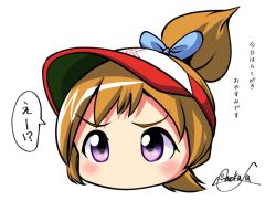 Rule 34 | 1girl, annai namiki, blue bow, blush, bow, brown hair, chibi, hair bow, hat, head, high ponytail, jikkyou powerful pro yakyuu, long hair, looking at viewer, mokufuu, ponytail, power pro appli, purple eyes, red hat, signature, simple background, solo, translation request, v-shaped eyebrows, visor cap, white background