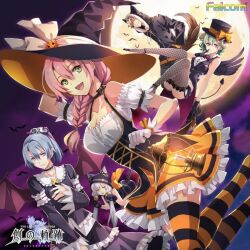 alternate_costume altina_orion animal_ears bat_(animal) bell breasts brown_hair character_request demon_wings dress eiyuu_densetsu embarrassed fake_animal_ears fishnets gloves green_hair grey_hair halloween hat hood horns juna_crawford kurt_vander large_breasts moon night official_art open_mouth paw_gloves pink_hair purple_sky sen_no_kiseki_(series) skirt sky smile striped_clothes striped_thighhighs tagme thighhighs trap wings witch witch_hat