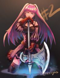 Rule 34 | 1girl, axe, breasts, dress, earrings, female focus, fire emblem, fire emblem: three houses, gloves, hilda valentine goneril, holding, holding axe, holding weapon, jewelry, long hair, matching hair/eyes, mcriegans, nintendo, pink eyes, pink hair, red gloves, solo, twitter username, weapon