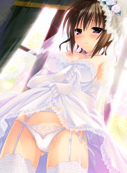 Rule 34 | 10s, 1girl, bare shoulders, blush, breasts, bridal veil, bride, brown hair, cameltoe, chikotam, clothes lift, cowboy shot, dress, dress lift, dutch angle, elbow gloves, flower, game cg, garter belt, glint, gloves, hair up, highres, jewelry, koiiro marriage, lace, lace-trimmed gloves, lace-trimmed legwear, lace-trimmed panties, lace trim, looking at viewer, love 2 quad, marmalade (company), medium breasts, morikawa mihono, necklace, panties, purple eyes, short hair, solo, sparkle, sunlight, sweat, thighhighs, underwear, veil, wedding dress, white dress, white gloves, white panties, white thighhighs, window