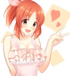 Rule 34 | 10s, 1girl, abe nana, arm behind back, bare arms, blush, bow, breasts, brown eyes, camisole, cleavage, collarbone, frills, hair ribbon, hand up, heart, highres, idolmaster, idolmaster cinderella girls, large breasts, looking at viewer, open mouth, orange hair, parted bangs, pink camisole, ponytail, ribbon, sidelocks, smile, solo, suzutarou gunsou, v