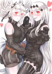 Rule 34 | 2girls, abyssal crane princess, abyssal ship, aircraft carrier water oni, armor, armored boots, black dress, black legwear, blush, boots, colored skin, detached sleeves, dress, holding hands, heart, heart-shaped pupils, highres, horns, japanese clothes, kantai collection, long hair, multiple girls, red eyes, ribbed dress, sabakuomoto, sailor dress, short dress, symbol-shaped pupils, thighhighs, very long hair, white background, white hair, white skin