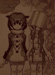 Rule 34 | 10s, 2girls, :|, arms at sides, blush stickers, breasts, brick wall, buttons, closed mouth, coat, cowboy shot, curry, eurasian eagle owl (kemono friends), eyebrows, eyelashes, facing viewer, food, food on clothes, food on face, fur collar, hair between eyes, holding, holding spoon, kemono friends, kouson q, leaf, legs apart, long sleeves, looking at viewer, medium breasts, multicolored hair, multiple girls, northern white-faced owl (kemono friends), object on head, plant, pocket, pot, short hair, sleeve cuffs, spoon, standing, vines