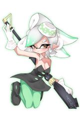 Rule 34 | + +, 1girl, ankle boots, black dress, black footwear, boots, breasts, brown eyes, closed mouth, collar, commentary, detached collar, dress, earrings, food, food on head, full body, gloves, gradient hair, green hair, green pantyhose, hero charger (splatoon), highres, holding, holding behind back, holding weapon, inkling, jewelry, legs up, light frown, looking at viewer, marie (splatoon), medium breasts, mole, mole under eye, multicolored hair, nintendo, object on head, pantyhose, pointy ears, short dress, silver hair, solo, splatoon (series), splatoon 1, strapless, strapless dress, sukeo (nunswa08), tentacle hair, weapon, white collar, white gloves, wing collar