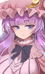 Rule 34 | 1girl, blunt bangs, blush, breasts, crescent, crescent hair ornament, crescent hat ornament, crescent pin, dress, eyelashes, hair ornament, hat, hat ornament, highres, large breasts, long hair, long sleeves, looking at viewer, mob cap, namiki (remiter00), parted lips, patchouli knowledge, purple dress, purple eyes, purple hair, purple hat, sidelocks, solo, striped clothes, striped dress, touhou, vertical-striped clothes, vertical-striped dress