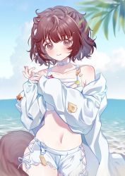 Rule 34 | 1girl, animal ears, arknights, bare shoulders, bikini, blush, breasts, brown eyes, brown hair, choker, cowboy shot, hands up, jacket, long sleeves, looking at viewer, navel, o-ring, o-ring choker, off shoulder, official alternate costume, open clothes, open jacket, otter ears, otter girl, otter tail, outdoors, palm leaf, roberta (arknights), roberta (summer flowers) (arknights), short hair, short shorts, shorts, small breasts, smile, solo, stomach, swimsuit, tail, tapoica (1287332395), water, white bikini, white choker, white jacket, white shorts