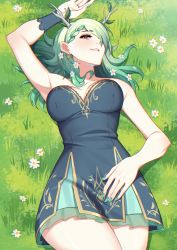 Rule 34 | 1girl, antlers, arm up, armpits, bare arms, bare shoulders, braid, branch, breasts, ceres fauna, crossed legs, grass, green hair, highres, hololive, hololive english, horns, large breasts, leaf, looking at viewer, lying, mawaridi, medium hair, nature, on back, outdoors, skirt, thighs, virtual youtuber, wide hips