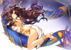 Rule 34 | 1girl, asymmetrical legwear, asymmetrical sleeves, bad id, bad pixiv id, barefoot, black hair, crown, detached sleeves, earrings, ells, fate/grand order, fate (series), feet, feet together, hair ribbon, heavenly boat maanna, hoop earrings, ishtar (fate), ishtar (fate), jewelry, long hair, looking at viewer, pelvic curtain, red eyes, ribbon, single detached sleeve, single thighhigh, smile, soles, solo, thighhighs, toeless legwear, toes, tohsaka rin, two side up, uneven legwear, uneven sleeves