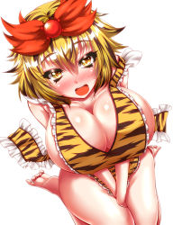 Rule 34 | 1girl, animal print, apron, barefoot, black hair, blonde hair, blush, breasts, cleavage, from above, highres, huge breasts, looking at viewer, multicolored hair, naked apron, open mouth, short hair, simple background, solo, tiger print, toramaru shou, touhou, two-tone hair, white background, yellow eyes, zan (harukahime)