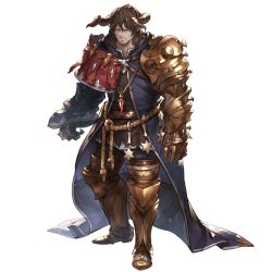 Rule 34 | 1boy, arm guards, armor, brown eyes, brown hair, cape, draph, facial hair, gauntlets, geisenborger, granblue fantasy, horns, jewelry, long sleeves, looking at viewer, male focus, necklace, official art, pendant, rope, single sleeve, solo, star (symbol), transparent background