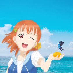 Rule 34 | 1girl, ;), artist name, artist request, blue butterfly, blue jacket, blue sky, blush, bow, braid, breasts, bug, butterfly, cloud, clover hair ornament, collarbone, day, female focus, floating hair, food, fruit, hair ornament, highres, holding, holding orange, insect, jacket, looking at viewer, love live!, love live! school idol festival, love live! sunshine!!, ocean, one eye closed, orange (fruit), orange hair, outdoors, parted lips, red eyes, shirt, short hair, short sleeves, side braid, single braid, sky, small breasts, smile, solo, striped clothes, striped shirt, takami chika, white shirt, wink, yellow bow, zipper, zipper pull tab