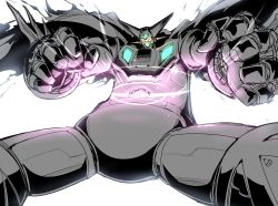 Rule 34 | black getter, cape, energy, getter robo, glowing, glowing eyes, halcon, highres, horns, looking down, mecha, no humans, open hands, robot, science fiction, shin getter robo, solo, super robot, yellow eyes