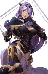 Rule 34 | 1girl, absurdres, boots, breasts, camilla (fire emblem), capelet, detached sleeves, fire emblem, fire emblem heroes, gloves, hair ornament, hair over one eye, hand on own chest, highres, kuno (runkunochan), large breasts, looking to the side, nintendo, purple eyes, purple hair, thigh boots, thighhighs, tiara, upper body