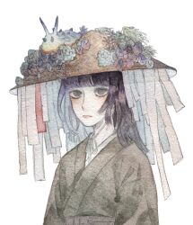 Rule 34 | 1girl, black eyes, black hair, blunt bangs, closed mouth, colored inner hair, expressionless, grey hair, grey kimono, hat, highres, japanese clothes, kimono, kz m i, long hair, looking at viewer, multicolored hair, no pupils, original, painting (medium), paper, rice hat, sanpaku, sash, seashell, shell, simple background, solo, traditional media, two-tone hair, upper body, watercolor (medium), white background
