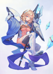 Rule 34 | 1girl, bigrbear, blonde hair, blue eyes, boots, breasts, cleavage, closed mouth, covered erect nipples, crystal, drill hair, full body, gem, gloves, grey background, headgear, highres, holding, holding staff, invisible chair, large breasts, light smile, looking at viewer, machinery, original, simple background, sitting, smile, solo, staff, twin drills, underboob, white gloves, winged footwear