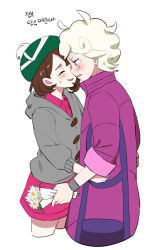 Rule 34 | 1boy, 1girl, ahoge, bad id, bad twitter id, bede (pokemon), blonde hair, blush, bouquet, brown hair, buttons, cardigan, closed eyes, coat, collared dress, commentary request, creatures (company), curly hair, dede (qwea 00000), dress, eyelashes, flower, game freak, gloria (pokemon), green headwear, grey cardigan, hat, hetero, holding, holding bouquet, hooded cardigan, korean commentary, korean text, nintendo, open mouth, pink dress, pokemon, pokemon swsh, purple coat, purple eyes, short hair, smile, sweatdrop, tam o&#039; shanter, tongue, white flower