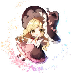 Rule 34 | 1girl, black footwear, black hat, black shirt, blonde hair, blouse, blush, boots, bow, braid, brown hair, capelet, character doll, chibi, commentary request, frilled capelet, frills, hair bow, hakurei reimu, hat, hat bow, kirisame marisa, long hair, looking at viewer, open mouth, petals, petticoat, pink bow, pink skirt, piyokichi, red bow, red eyes, red skirt, shirt, simple background, single braid, skirt, smile, solo, touhou, white background, white bow, white capelet, witch hat, yellow eyes