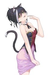 Rule 34 | 1girl, absurdres, animal ear fluff, animal ears, arm up, black hair, cat ears, cat girl, cat tail, egk513, green eyes, halterneck, halterneck, head tilt, highres, karyl (princess connect!), looking at viewer, multicolored hair, princess connect!, simple background, skirt hold, solo, streaked hair, sweat, tail, translucent, two-tone hair, updo, white background