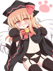 Rule 34 | 1girl, animal ears, bell, black panties, black thighhighs, blonde hair, cat ears, cat girl, cat tail, female focus, garter belt, hat, jingle bell, kemonomimi mode, lily black, lily white, long hair, navel, open clothes, open robe, panties, robe, ry (yagoyago), solo, tail, thighhighs, touhou, underwear, white background, wings