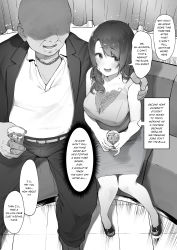 Rule 34 | 1boy, 1girl, absurdres, alcohol, bald, bare shoulders, blush, breasts, business suit, cleavage, couch, cup, drink, drinking glass, drunk, english text, faceless, faceless male, formal, greyscale, hand on another&#039;s shoulder, heart, hetero, highres, jewelry, kotoribako, large breasts, monochrome, necklace, nervous smile, on couch, original, pants, shirt, sitting, skirt, sleeveless, sleeveless shirt, smile, speech bubble, suit, sweatdrop, toeless legwear