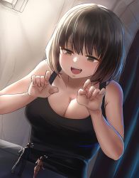Rule 34 | 1boy, 2girls, absurdres, breasts, brown hair, cleavage, giant, giantess, highres, kuroihassan, looking at another, multiple girls, scared, short hair, smile, solo focus, tank top
