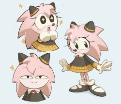 Rule 34 | + +, 1girl, amy rose, anya&#039;s heh face (meme), anya (spy x family), anya (spy x family) (cosplay), black dress, black eyes, black footwear, blue background, blush, cosplay, dress, furry, furry female, hunniies11, looking down, meme, multiple views, open hands, parted lips, smile, sonic (series), sonic the hedgehog (classic), sparkle, spy x family, white eyes